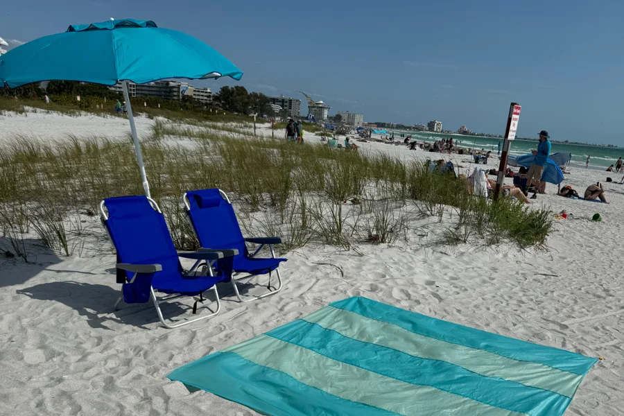 Beach Bash rental equipment laid out on the beach