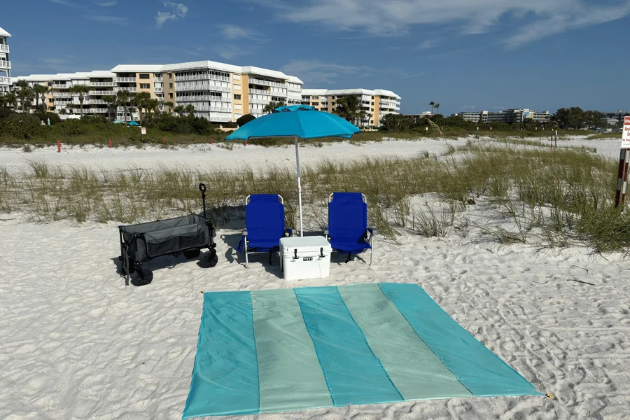 Seaside Chill rental equipment laid out on the beach