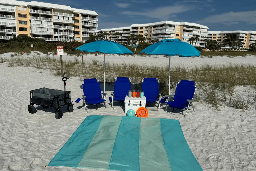 Beach Squad rental equipment laid out on the beach